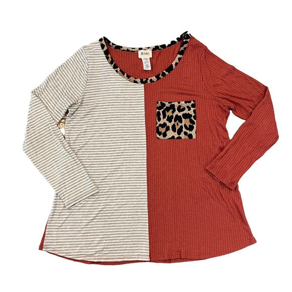 BiBi Rust & Beige Stripe W/Leopard Pocket Waffle Knit Boho Top - SIZE SMALL - Picture 1 of 5